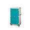 Rollerkast met turquoise dubbele deur, wit frame en wielen. Handgrepen en slot aanwezig.