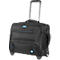Schwarzer Trolley-Koffer mit ausziehbarem Griff, Rädern und blauem Logo.