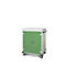 Mobiler Schrank mit Rollen und grünen Türen vor weissem Hintergrund.