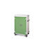Grüner Schrank mit weissen Rahmen und Deckel. Vier Rollen, zwei Griffe und ein Schloss.