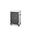 Ein grauer Schrank mit weissen Details und Rollen steht vor weissem Hintergrund.