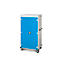 Blauer Schrank auf Rollen mit weissem Dach. Die Seiten sind grau mit Löchern, die Tür hat einen Griff.