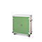 Ein grüner Schrank mit Rollen. Er hat zwei Türen und einen Griff.