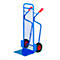 Blue hand truck on a white background. Two black tires, red handles and rims.