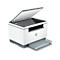 White printer with open lid. Paper output at the bottom. HP logo on the front.