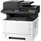 Ein weiß-schwarzer Multifunktionsdrucker von Kyocera. Bedienfeld mit Tasten und Display. Das Papierfach ist geöffnet.