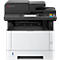 Ein schwarz-weißer Kyocera-Multifunktionsdrucker. Oben ist ein Scanner. Darunter ein Bedienfeld und Tasten. Darunter ein weißes Papierfach.