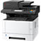 Ein schwarzer und weißer Kyocera-Multifunktionsdrucker. Oben befindet sich das Kyocera-Logo und ein Bedienfeld mit Tasten und einem Bildschirm.
