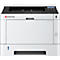Weisser Kyocera-Laserdrucker. Schwarze Details, Bedienfeld und Kyocera-Logo sichtbar. Ein-Aus-Knopf an der Seite.