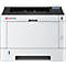 Weisser Kyocera-Drucker. Schwarze Oberseite mit Einzug, Display und USB-Anschluss. An der Seite der Power-Knopf. Logo 'Kyocera'.