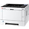 Weisser Kyocera-Laserdrucker, der schräg von vorne aufgenommen wurde. Schwarze Bedienelemente und USB-Anschluss. Aufschrift: "Kyocera".