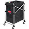 Black collapsible laundry cart with an aluminum frame. With wheels, Rubbermaid logo.
