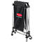 Collapsible black Rubbermaid laundry cart with wheels.