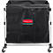 Black laundry cart with the Rubbermaid logo. A metal frame with casters holds a black fabric bag.