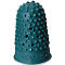 Turquoise rubber thimble with bumps and the marking "No. 0". Several holes indicate wear.