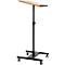 Black, height-adjustable lectern with wheels and wooden top.