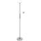 Gray floor lamp with round base, mast, small light arm and lampshade.
