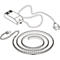 Black and white drawing of an LED light strip with power supply, plug and connecting cable.