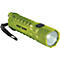 Green flashlight with black button and handle, light on. Reads Peli 3315.