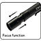 Close-up of a black flashlight with focus function, arrows indicate operation. Text: Focus function.