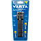 Black Varta Aluminium F30 Pro flashlight with yellow batteries. The packaging shows details such as lumens, operating time, and light range.