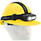Yellow hard hat with headlamp emitting a bright light. The helmet features a black headband with the word "ANSMANN".