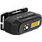 Black headlamp with clip and buttons. The lamp has a white and yellow light.