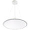 White, round ceiling lamp. It hangs from three thin cables from a white ceiling rose.