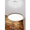 Round ceiling lamp, white light, gray border, in front of brick wall.