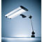 A modern desk lamp. The lamp head is rectangular and silver with a black top. The flexible arm is also silver.
