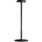 A black standing lamp with a round base, a long shaft, and a round light fixture.
