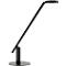 Black desk lamp with a round lamp head, angled arm and round base.