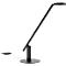 A black desk lamp with a round light head, a straight arm and a round base.