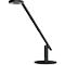 Black desk lamp with a round light head and a slender arm on a round base.