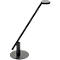 Black desk lamp, consisting of round base, narrow arm and round lampshade.