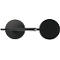 Black wall lamp with two circular lights and a straight arm.