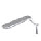 A silver desk lamp positioned at an angle against a white background. The lamp head has openings.