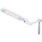 White LED desk lamp, illuminated. It is attached to a pole via a movable arm.