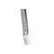 White, slender device with a silver strip and three buttons. Arrow up and down on top. A small circle at the bottom.