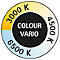 Kreisförmige Grafik mit Temperaturanzeige. Beschriftet mit 'COLOUR VARIO', umgeben von 3000K, 4500K und 6500K.