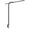 Schwarze Schreibtischlampe mit Klemme, gebogenem Arm und länglicher Leuchte.