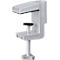 Silver desk clamp, screw, and fastener in detail. Upper part with recesses, lower part for clamping.