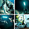 Four images: LED lights in action. A light is placed in the engine compartment, illuminating individual parts. One is used on a tire. Another illuminates an engine block.
