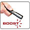 Hand houdt zwarte zaklamp vast, naast rode tekst: Boost Mode.