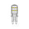 LED-Stiftsockellampe mit klarem Gehäuse und sichtbaren LED-Chips vor neutralem Hintergrund.