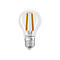 Transparente LED-Lampe in klassischer Glühbirnenform mit sichtbaren gelben Filament-Leuchtfäden und LEDVANCE-Logo.