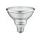 Silberne LEDVANCE PAR38 LED-Lampe mit E27-Sockel vor weißem Hintergrund.