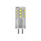 Kleine zylindrische LED-Stiftsockellampe mit klarem Gehäuse und sichtbaren gelben LED-Chips.