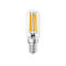 Klar gläserne LED-Lampe mit sichtbaren, gelben Filament-Fäden und silbernem E14-Gewinde von Ledvance.