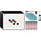 Set aus Whiteboards mit Karomuster, bunten Magneten, Stiften, Reinigungstüchern und Spray.